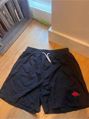 ROMWE Black Athletic Shorts with Red Rose Accent